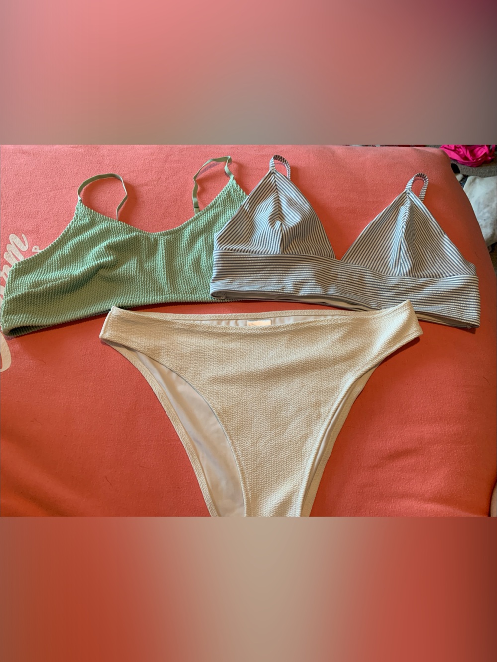 H&M 2 Ribbed Bikini Tops & 1 Bottom Mint, Cream, Blue/White Stripe Size 18 - Picture 1 of 7